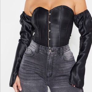 Black Satin long sleeve Bardot corset top